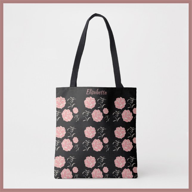 Tote Bag Jolie Roses roses roses avec feuillage sur noir (Créateur téléchargé)
