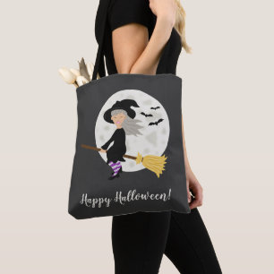 Tote Bag Jolie Sorcière de Dessin Animé & Texte Joyeux Hall