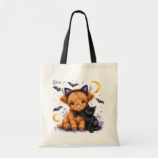 Tote Bag Jolie vache des Highlands, chat noir Halloween aqu