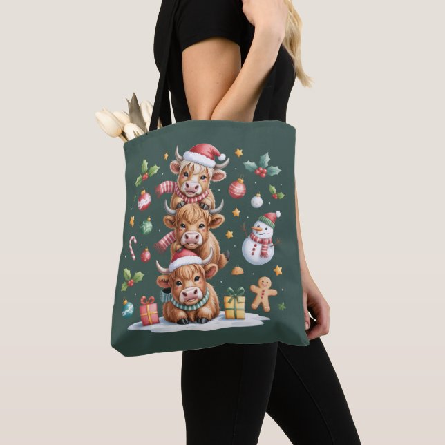 Tote Bag Jolie vache Highland Noël Arbres Hot Cocoa Cosy (De près)