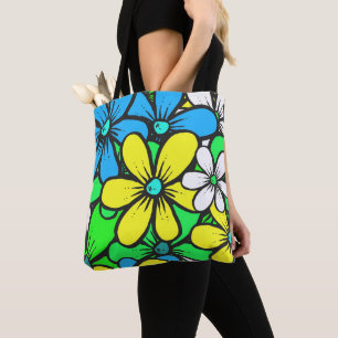 Tote Bag Jolies fleurs d'été lumineuses bleues jaunes et ve