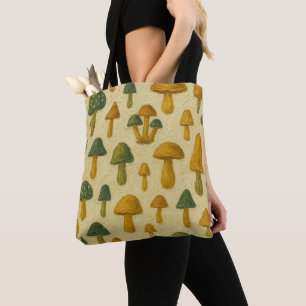 Tote Bag Jolis champignons beiges, dorés et verts 