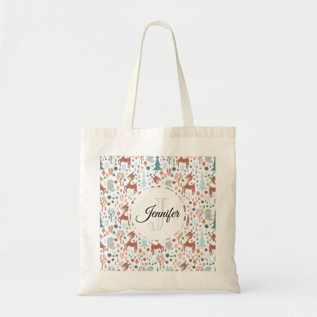 Tote Bag Jote Deer dans la forêt lunaire Motif Monogramme (Devant)