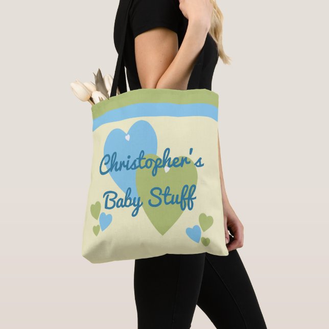 Tote Bag Jouets pour bébés verts et bleus de nom personnali (De près)