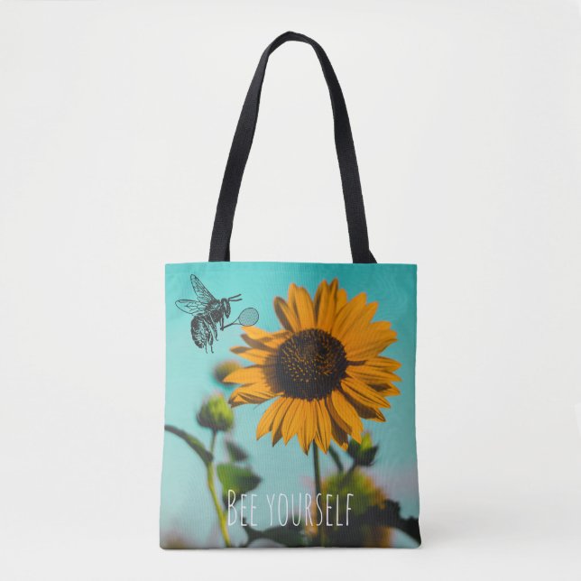 Tote Bag Joueur de tennis Bumblebee avec tournesol et texte (Devant)