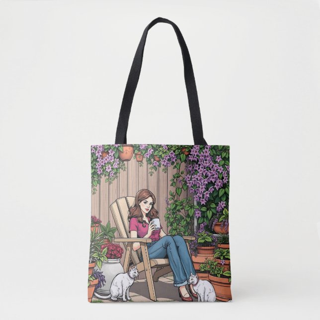 Tote Bag Jour de détente | Femmes avec café, chats et Plant (Devant)