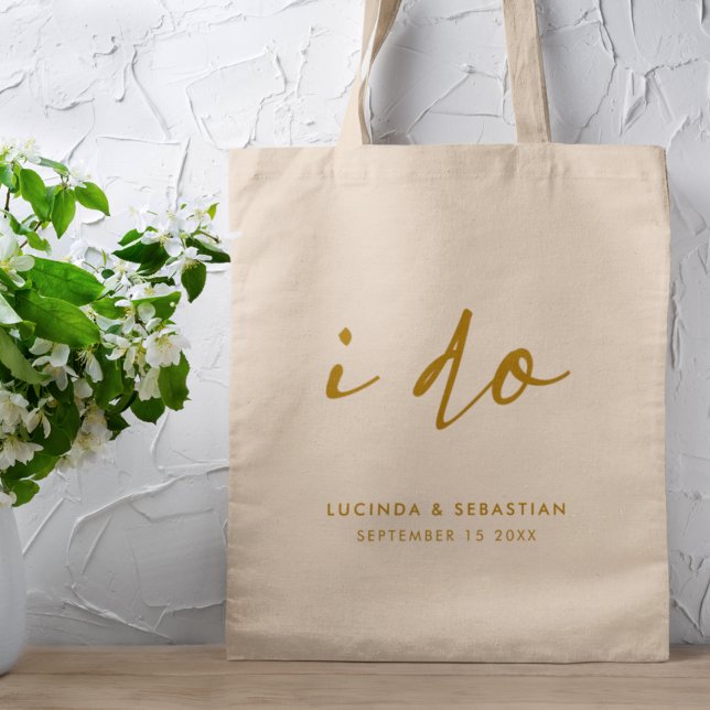 Tote Bag Jour de mariage Élégant Minimal Simple Gold Script (Créateur téléchargé)
