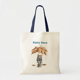 Tote Bag Jours Pluvieux Souris Bleue Feuille Parapluie Chat