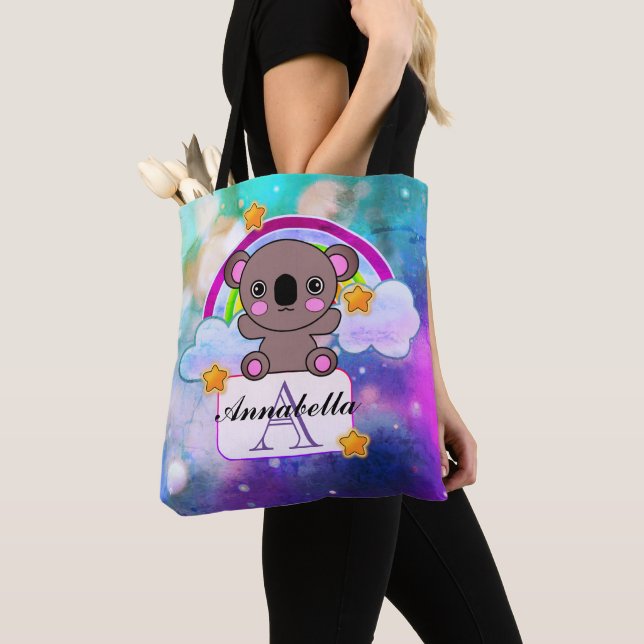 Tote Bag Jovely Grey Kawaii Koala avec Rainbow Stars (De près)