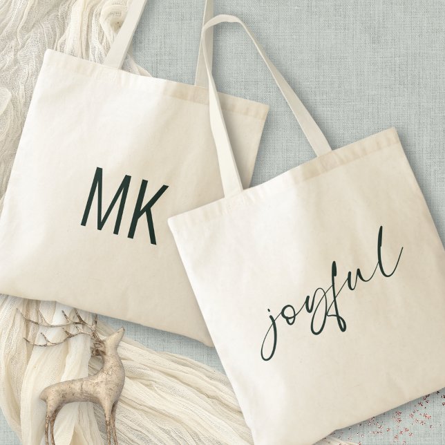 Tote Bag Joyeuse Calligraphie verte Initiales Monogrammes (Front and back view)