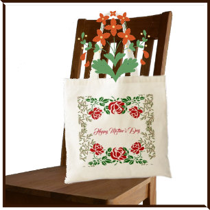 Tote Bag Joyeuse Fête des mères Rose rouge Floral Vert mign