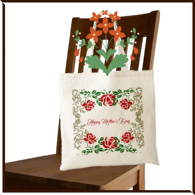 Tote Bag Joyeuse Fête des mères Rose rouge Floral Vert mign (Créateur téléchargé)