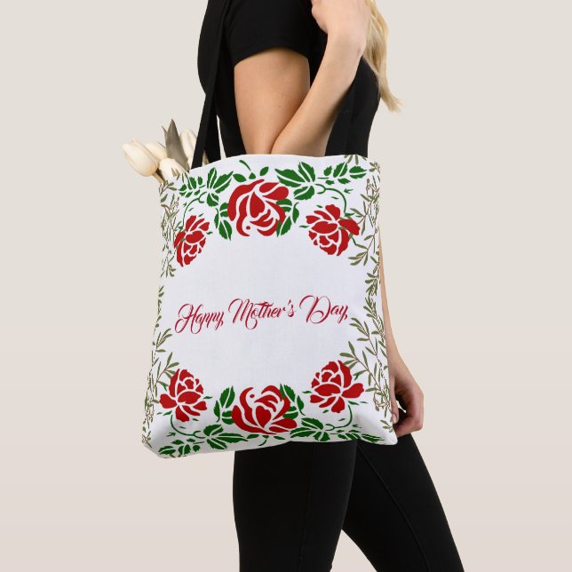 Tote Bag Joyeuse Fête des mères Rose rouge Floral Vert mign (De près)