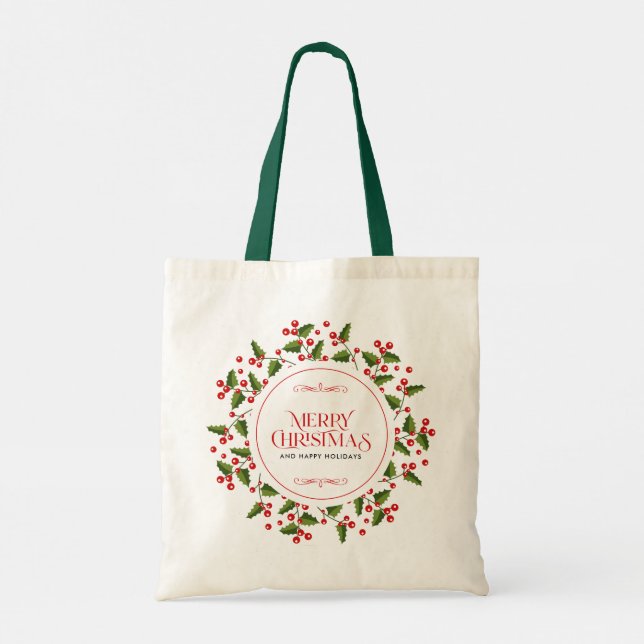 Tote Bag Joyeuse typographie de Noël & couronne de baies ro (Dos)