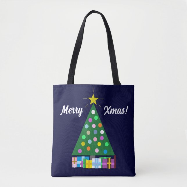 Tote Bag Joyeuses fêtes Arbre de Noël vert : Bleu foncé (Devant)