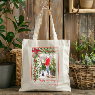 Tote Bag Joyeuses fêtes Mistletoe Red Bow Nom Photo