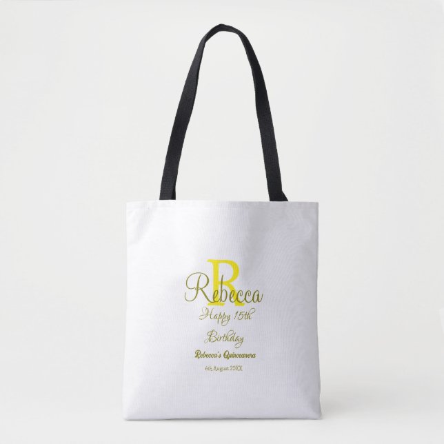 Tote Bag Joyeux 15e anniversaire jaune ajouter nom monogram (Devant)