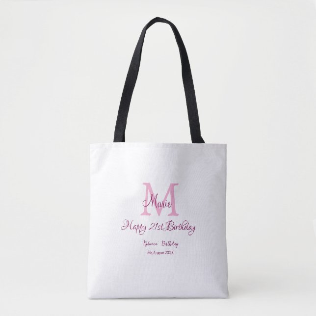 Tote Bag Joyeux 21e Anniversaire rose ajouter nom monogramm (Devant)