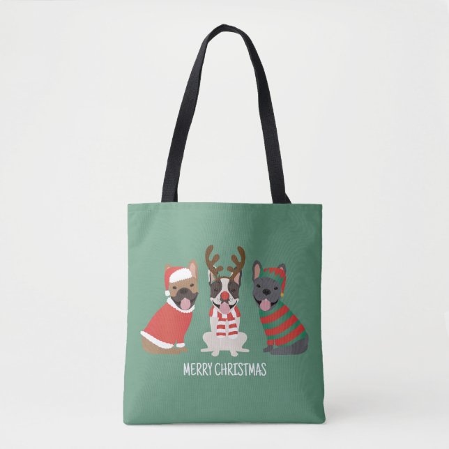Tote Bag Joyeux Buldogs français de Noël (Devant)