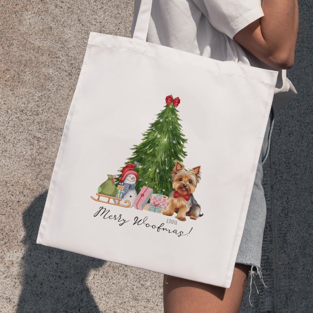 Tote Bag Joyeux cadeau de Noël Woofmas avec nom Yorkie (Cute Christmas Gift Yorkie Tote Bag with custom name. Merry Woofmas. Merry Christmas. Yorkshire terr)