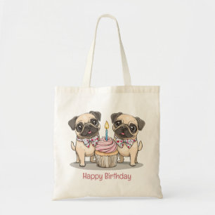 Tote Bag Joyeux Carlin d'anniversaire Chiens Cupcake