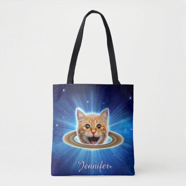 Tote Bag Joyeux chat dans l'espace. (Devant)