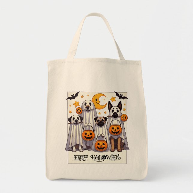 Tote Bag Joyeux Chiens d'Halloween en costume fantôme (Devant)