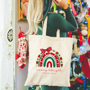 Tote Bag Joyeux et lumineux   Noël moderne rouge et vert