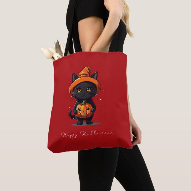 Tote Bag Joyeux Halloween Chat noir avec Halloween Citrouil (De près)