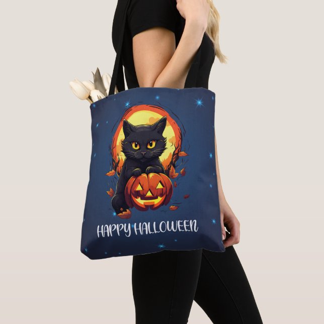 Tote Bag Joyeux Halloween Chat noir avec Halloween Citrouil (De près)
