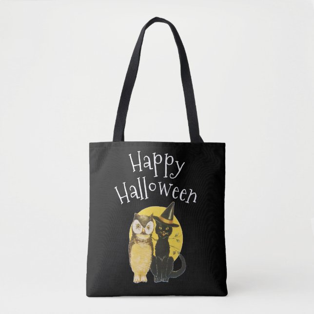 Tote Bag Joyeux Halloween, Chat noir et Chouette (Devant)