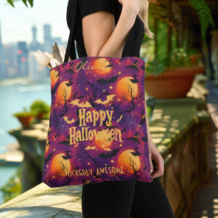 Tote Bag Joyeux Halloween – Lune Violette, Chauves-Souris &