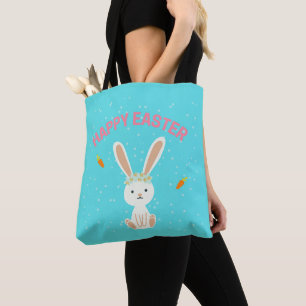 Tote Bag Joyeux lapin blanc de Pâques sur bleu