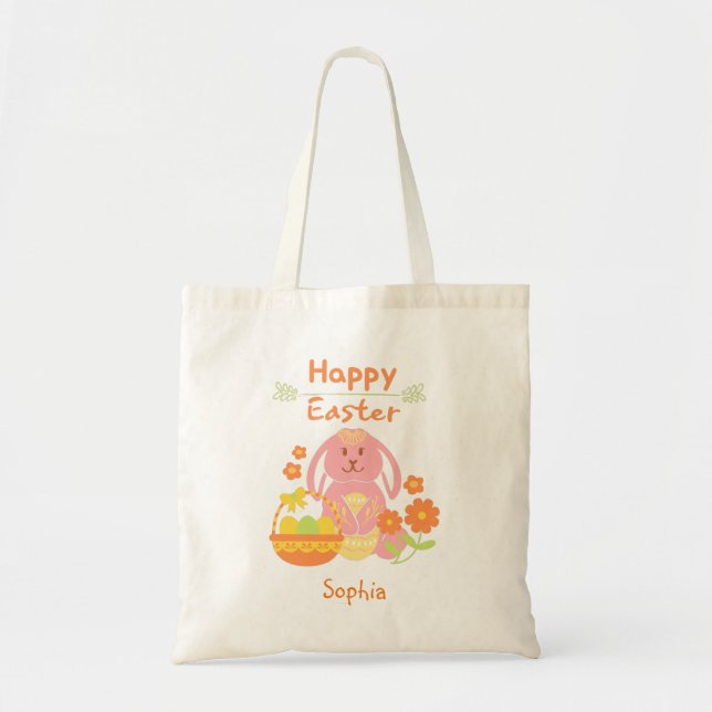 Tote Bag Joyeux lapin rose de Pâques et fleurs (Devant)