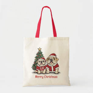 Tote Bag Joyeux Noël anglais Bulldog Santa Hats
