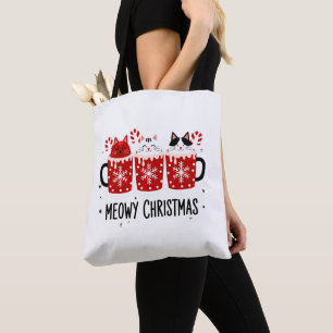 Tote Bag Joyeux Noël Chats Chocolat Chaud Canne de Bonbon N