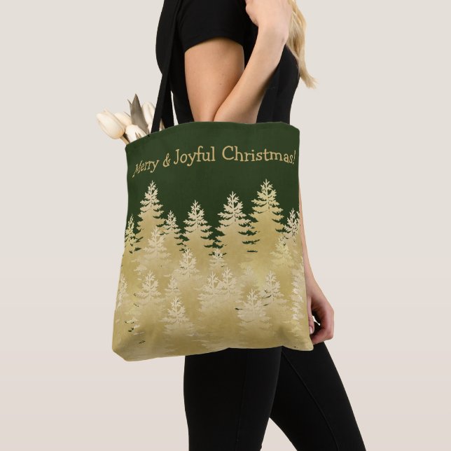 Tote Bag Joyeux Noël Joyeux Pins d'Or Vert Foncé Arbres (De près)
