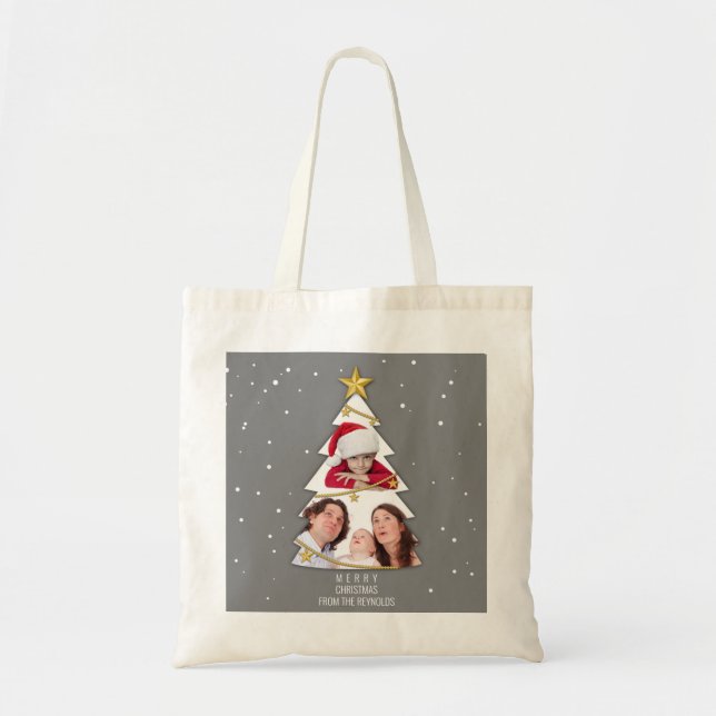 Tote Bag Joyeux Noël moderne arbre photo Collage gris (Devant)