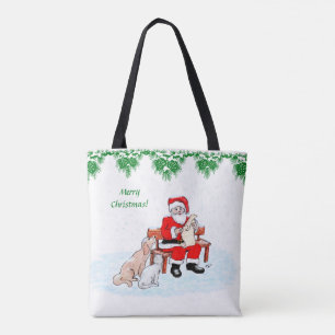 Tote Bag Joyeux Noël - Père Noël avec chat et chien