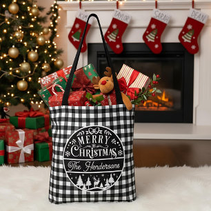 Tote Bag Joyeux Noël Plaid Buffle Noir & Blanc Personnalisé