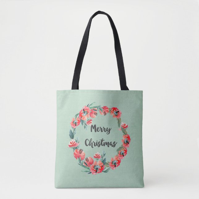 Tote Bag Joyeux Noël Rouge Floral Aquarelle Wreath (Devant)