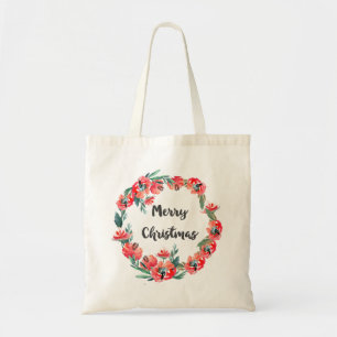 Tote Bag Joyeux Noël Rouge Floral Aquarelle Wreath