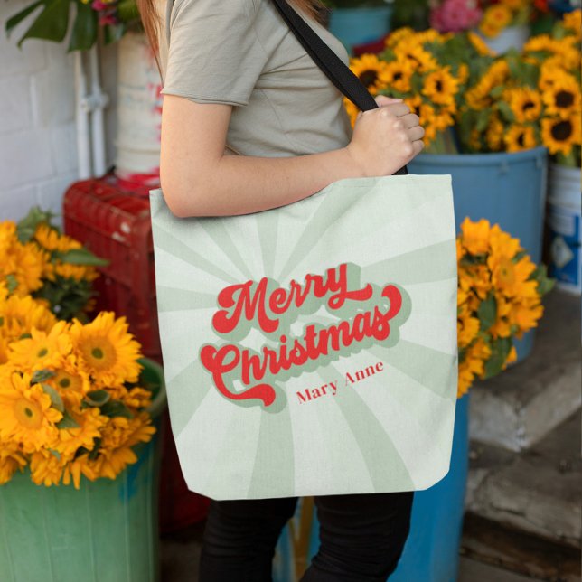 Tote Bag Joyeux Noël Rouge Vert Rétro Calligraphie Script (Merry Christmas retro style red and green tote bag)