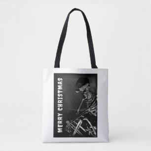 Tote Bag Joyeux Noël. Squelette avec chapeau de Père Noël