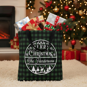Tote Bag Joyeux Noël Vert & Black Buffalo Plaid Personnalis