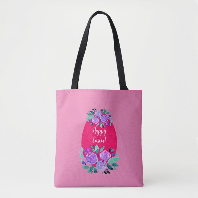 Tote Bag Joyeux oeuf rose fleuri à l'aquarelle de Pâques (Devant)