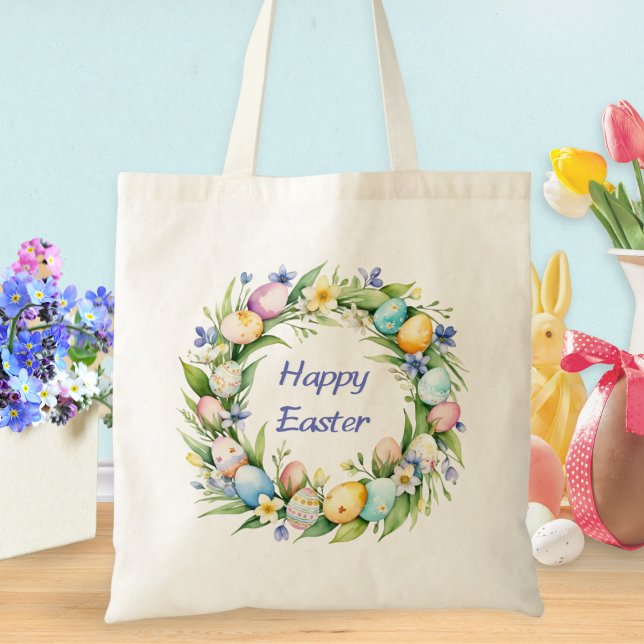Tote Bag Joyeux Oeufs de Pâques Printemps Wreath Monogramme (A pretty Easter tote bag with Easter eggs wreath and 'Happy Easter' greeting)