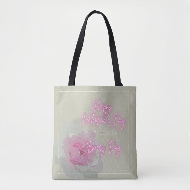Tote Bag Joyeux Valentine's Peony rose Grey Texte Neon rose (Devant)