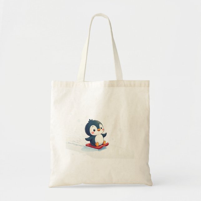 Tote Bag Joyful Kawaii Penguin Sledding Christmas (Devant)