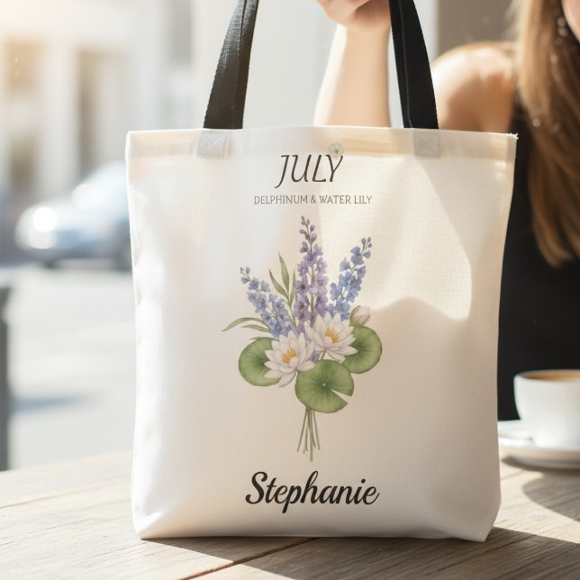 Tote Bag July Birth Flowers – Personalized (July birth month flower personalized tote bag)